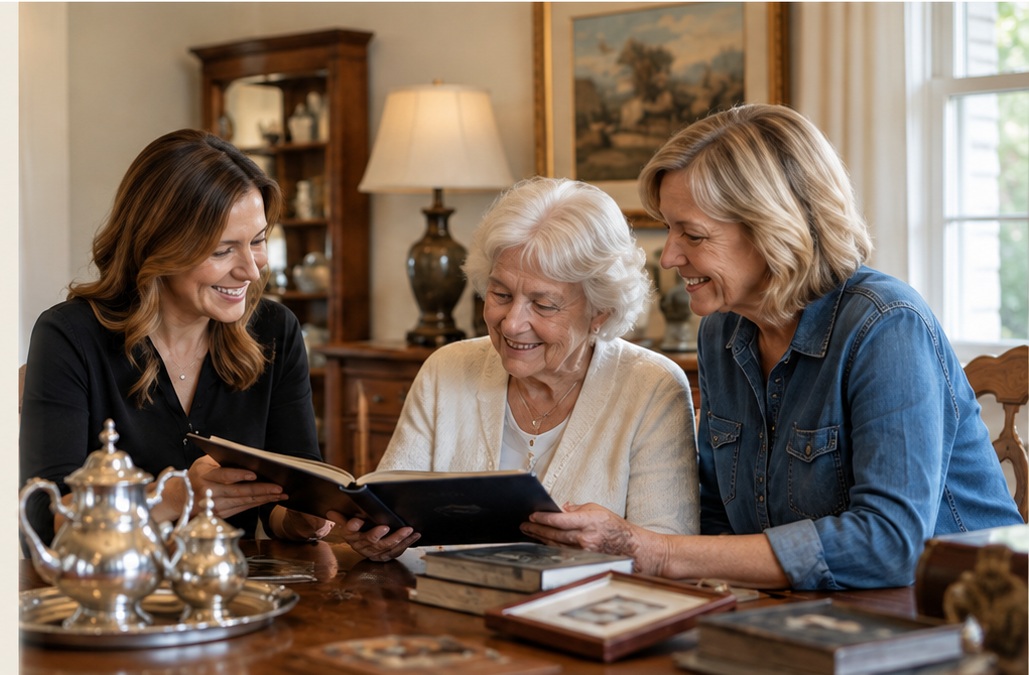 Illustrative image of a woman estate sale professional consulting with two family members in a Central Texas home
