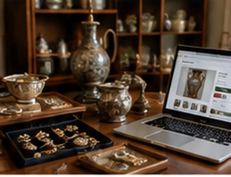 Vintage jewelry and collectibles beside a laptop illustrating online and local hybrid estate sales
