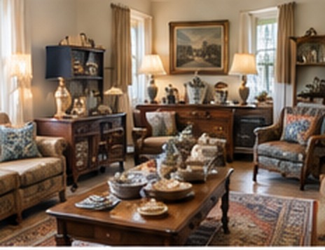 Antique furniture and household items arranged for a local estate sale