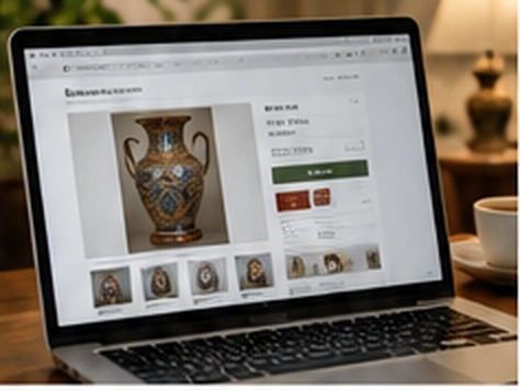 Laptop with an online estate auction catalog and collectible items